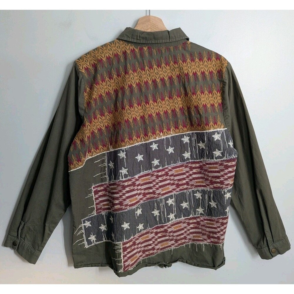 Savanna Jane Shirt Jacket Embroidered Olive Green L Patriotic Boho Stars Stripes